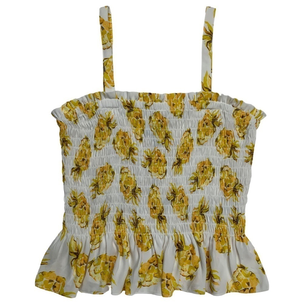 White House Black Market Ecru Pineapple Print Smocked Tank Top